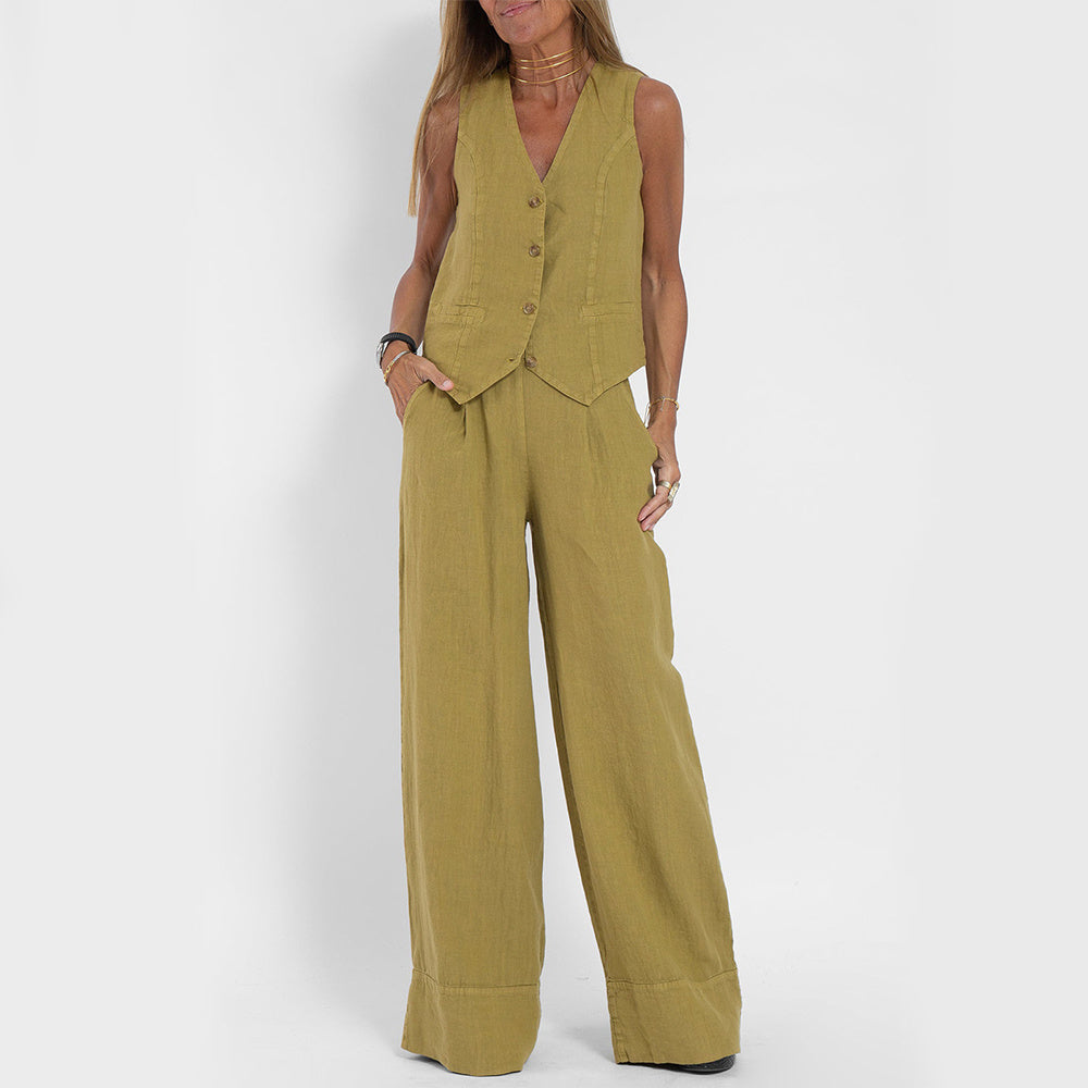 BENTHE | Twee-Delige Linnen Look Set – Gilet met Wijde Broek voor Dames