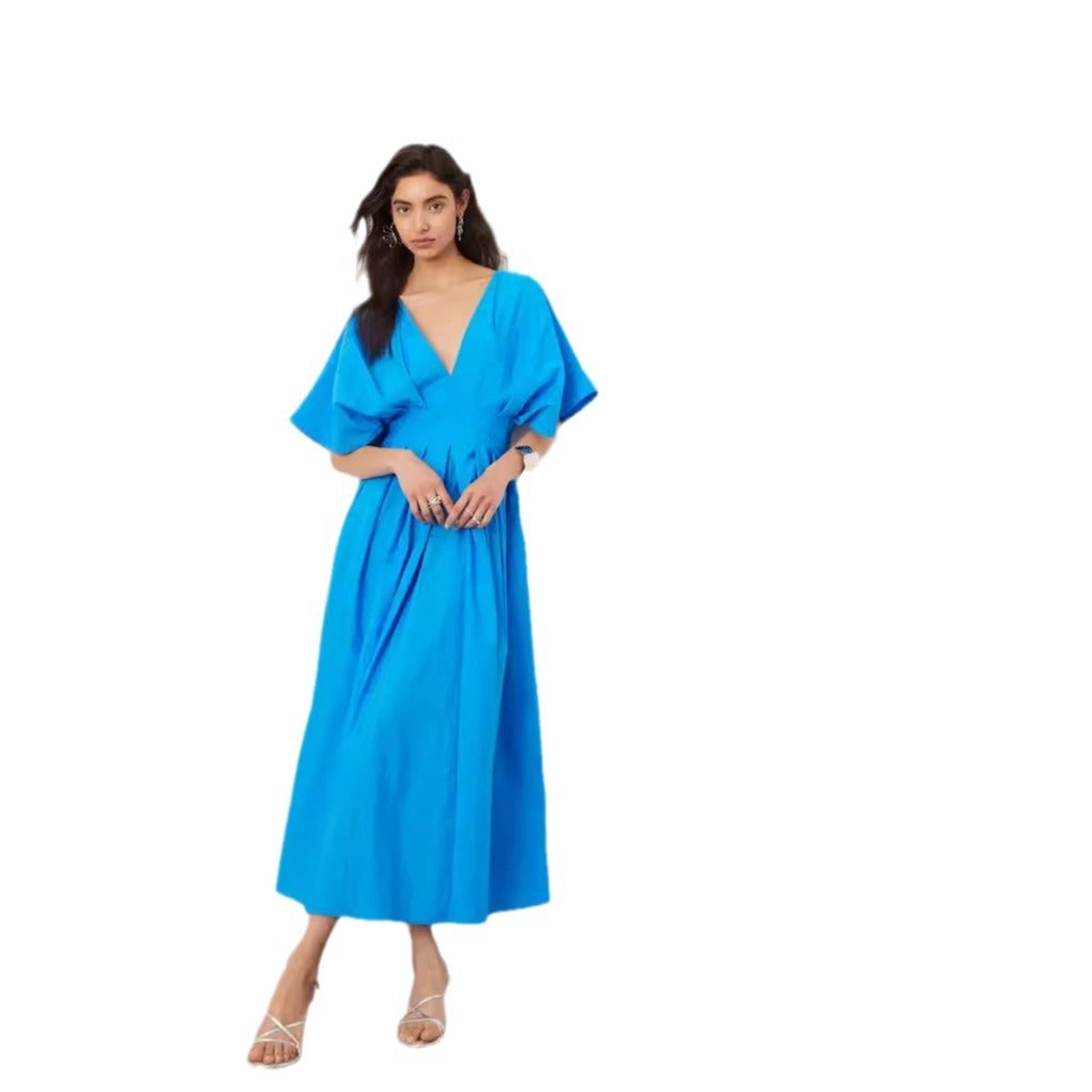 VIEN | Hemelsblauwe Maxi Jurk Dames – Elegante Zomerjurk Met V-Hals en Vlindermouwen
