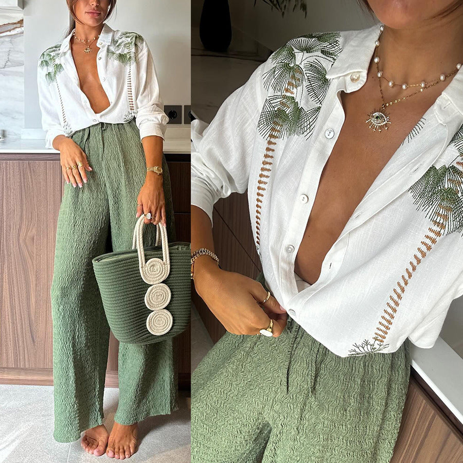 VESA | Palm Chic Set – Tropisch Blouse & Wijde Broek
