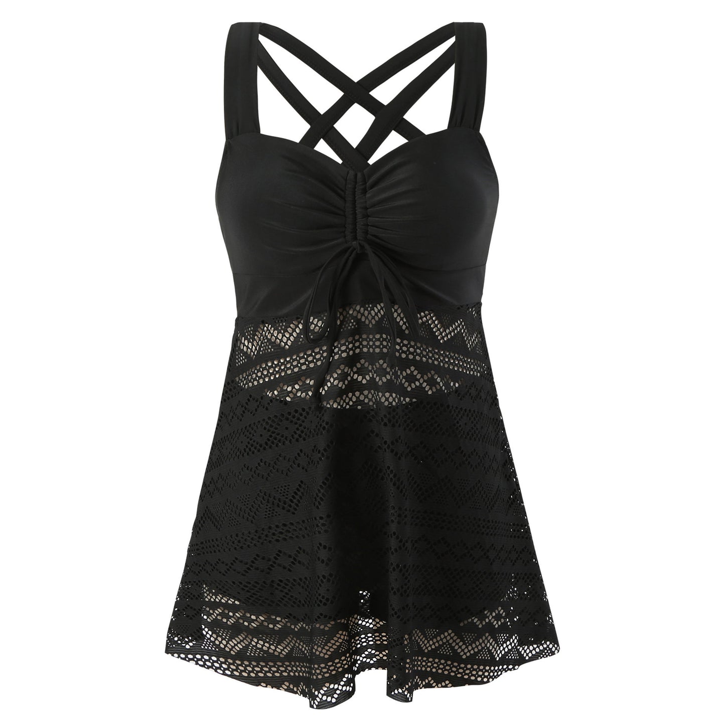 EVA | Elegante Tankini Jurk met Kant – Flatterend Badpak met Rokje en Gekruiste Rugbandjes
