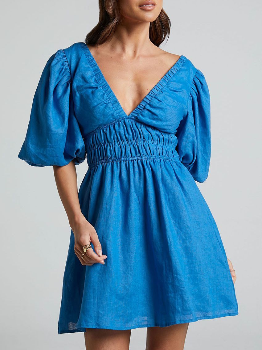 VICKY | Katoenen Zomerjurk Dames – Korte Jurk met Puffmouwen en V-Hals