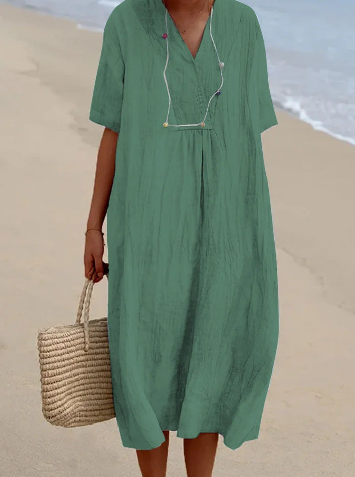 POLIEN | Luchtige Linnenlook Strandjurk Dames – Korte Mouwen & Losvallend Model