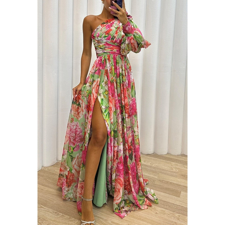 SABINE | One Shoulder Maxi Jurk – Elegante Bloemenjurk met Hoge Split