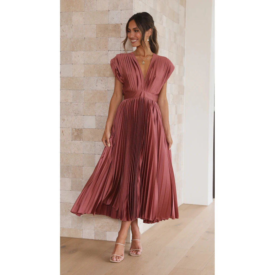 ELLEN | Plissé Midi Jurk met Diepe V-Hals – Elegante Avondjurk