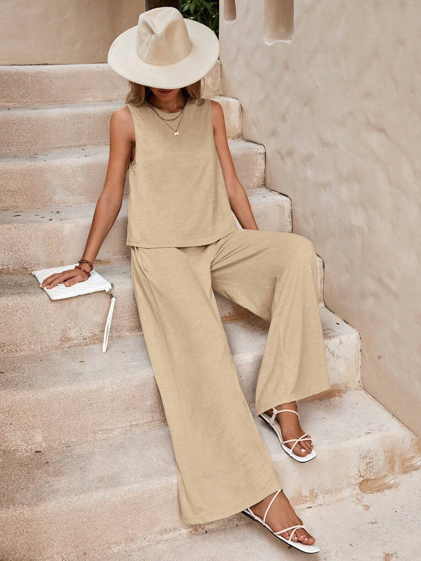 SOLÈNE | Tweedelige Zomer Set Dames – Luchtige Wijde Broek & Mouwloze Top
