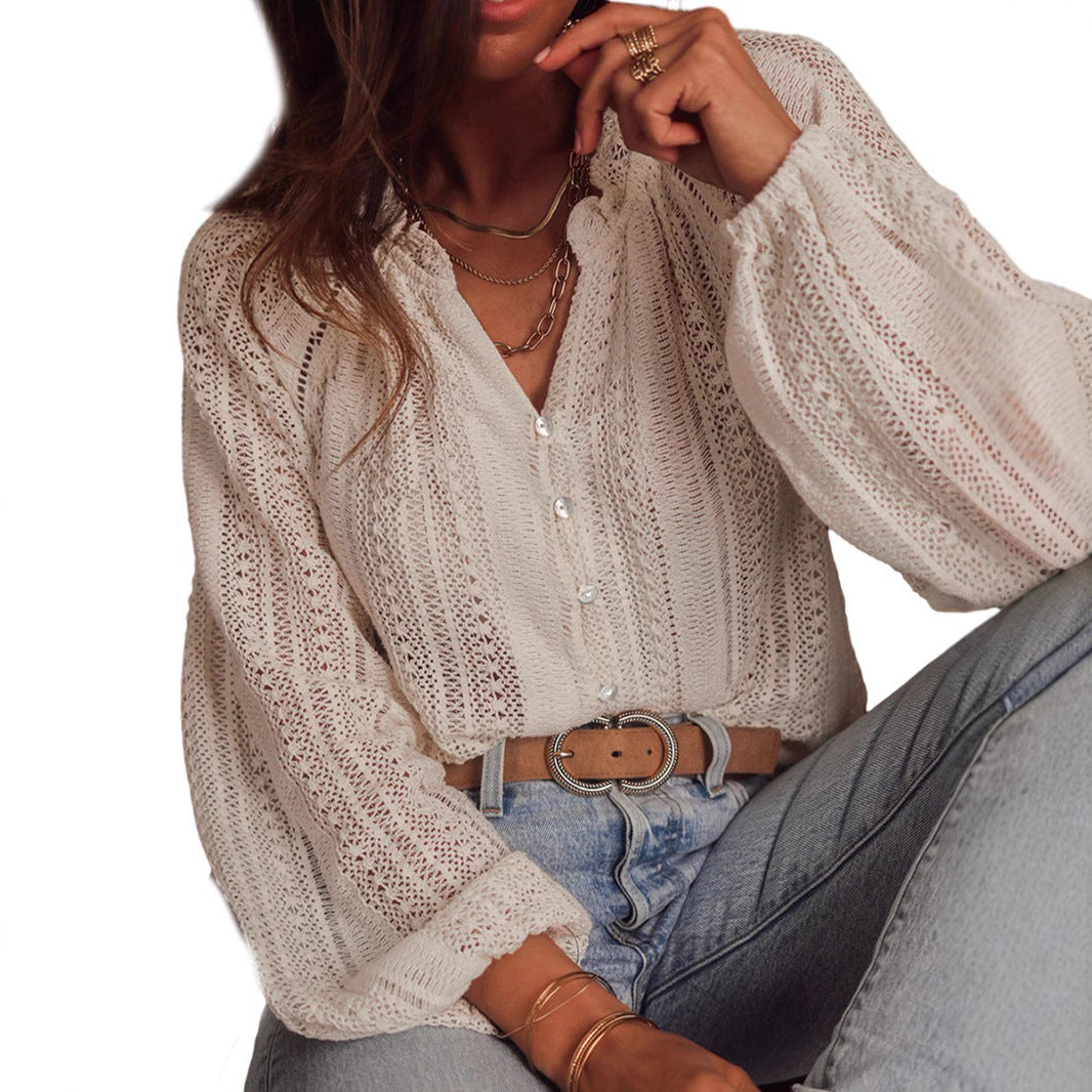 PARIS | Witte Gehaakte Blouse met Knoopsluiting – Boho Chic Stijl voor Elke Gelegenheid