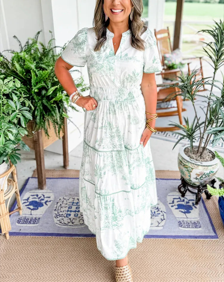 KAROLINA | Katoenen Doorknoopjurk met Vintage Print – Kraag & Korte Mouw
