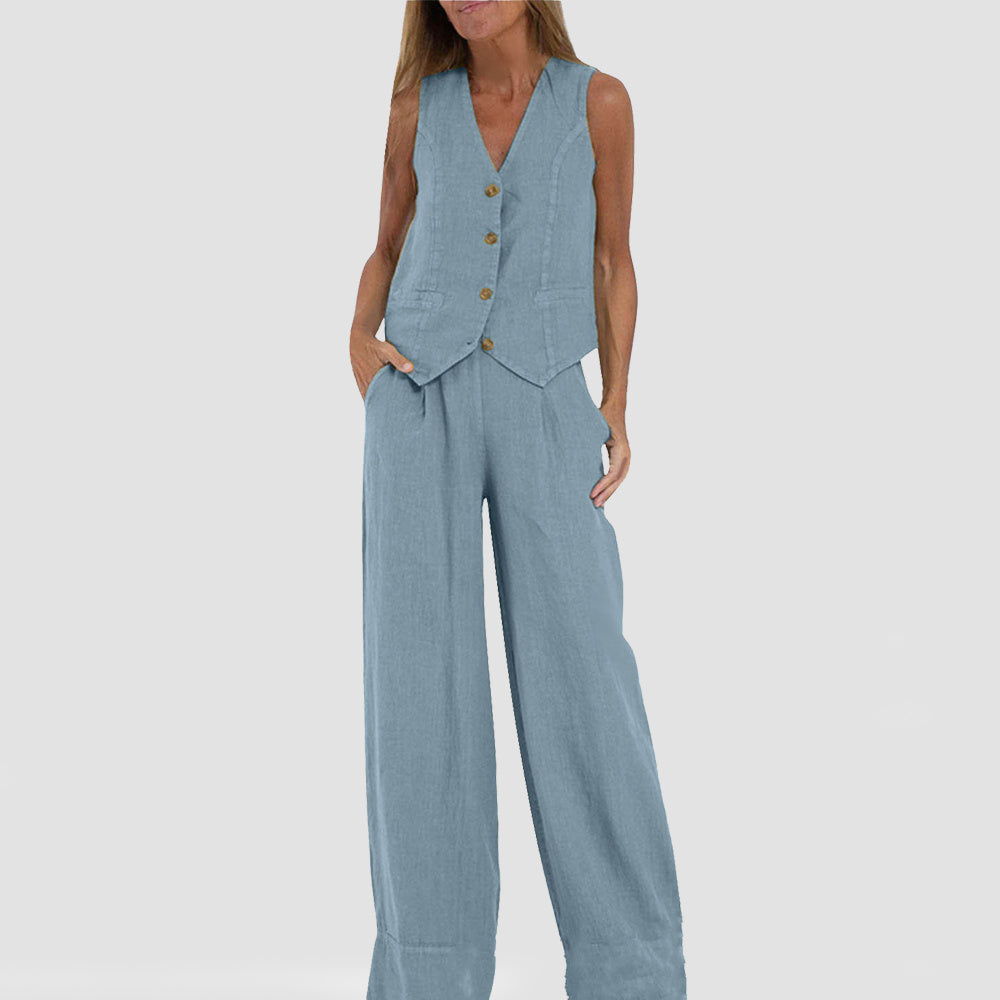BENTHE | Twee-Delige Linnen Look Set – Gilet met Wijde Broek voor Dames
