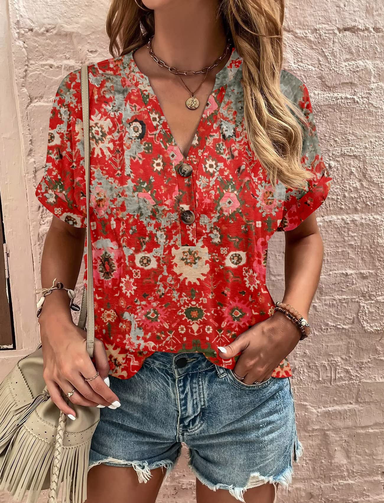 AUCK | Boho Rode Blouse met Bloemenprint – Korte Mouw V-hals Top