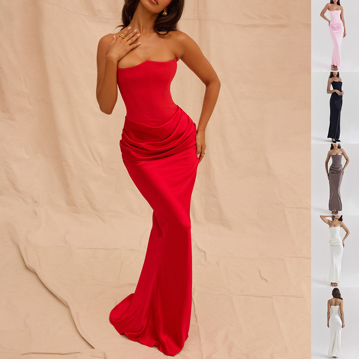 DIANA | Satijnen Strapless Avondjurk in Lichtroze – Corset Top & Drapé Details