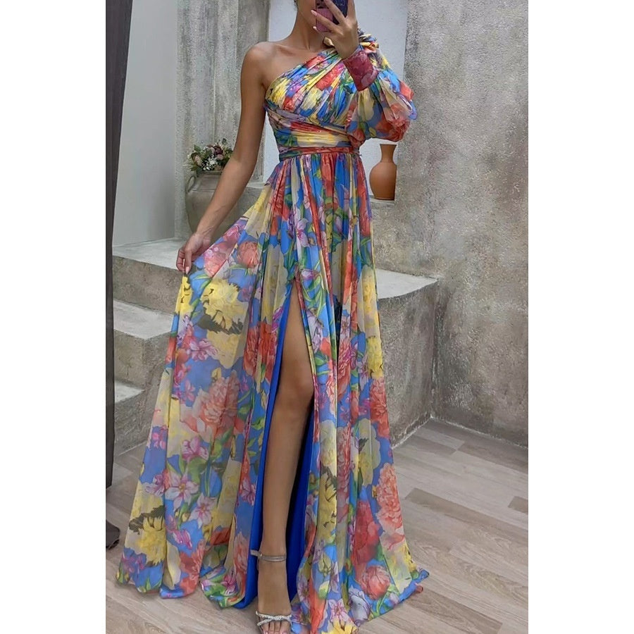 SABINE | One Shoulder Maxi Jurk – Elegante Bloemenjurk met Hoge Split