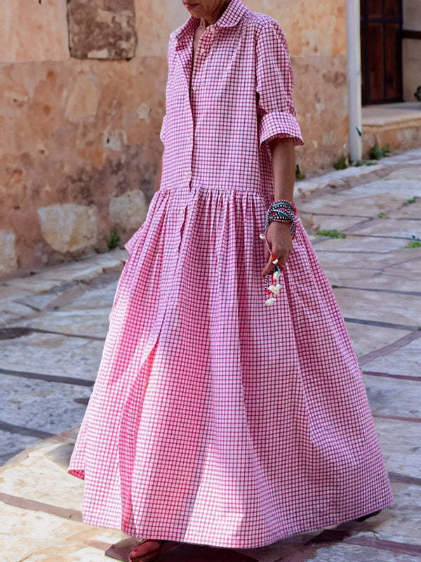 LIZIE | Gingham Maxi Overhemdjurk – Tijdloze Elegantie in Roze, Blauw & Donkergrijs