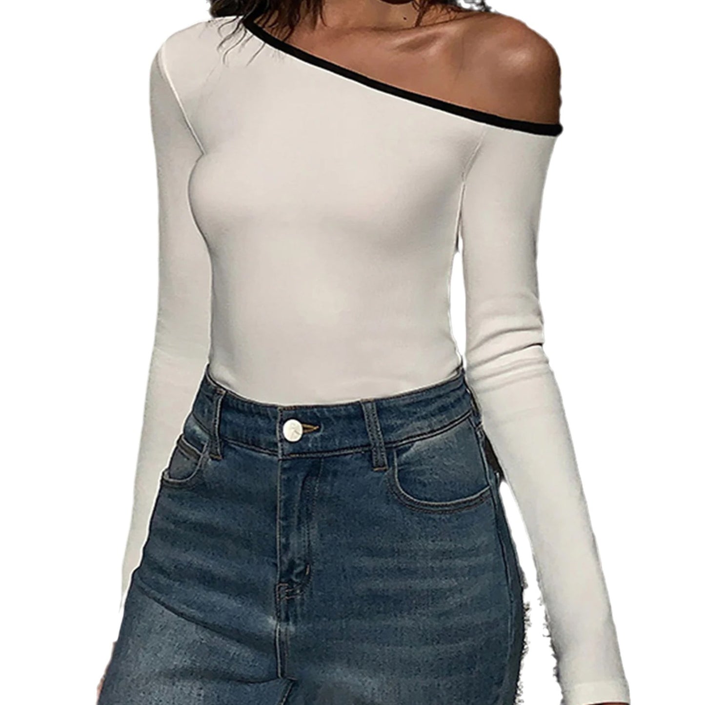 KASSANDRA | Off-Shoulder Top met Contrastboord – Slim Fit & Lange Mouw