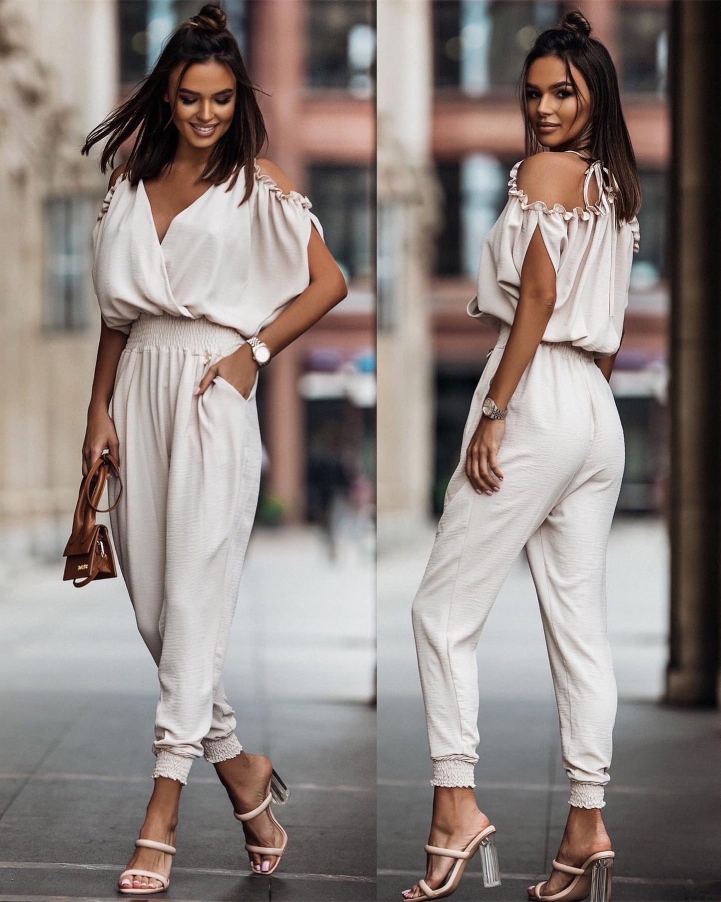 FLORIANE | Chique Off-Shoulder Jumpsuit - Wit-Zwart Jumpsuit Dames