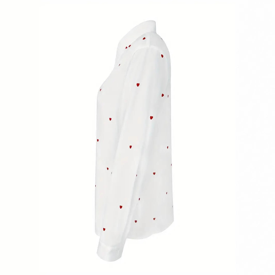 VALENTINA | Witte Blouse met Rode Hartjesprint – Romantische Look voor Elke Dag