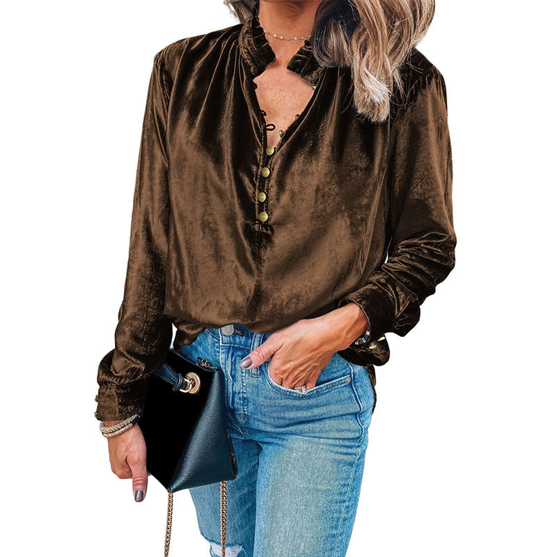 FAYE | Velvet Ruffle Blouse – Luxe Glans & Elegante Details
