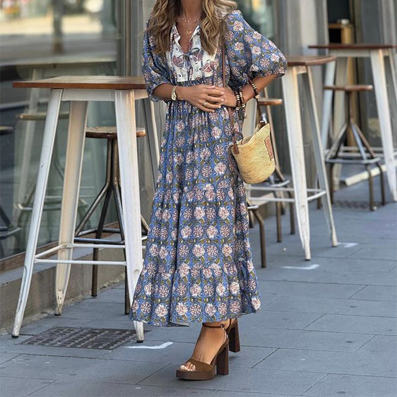 LOANE | Bohemian Maxi Jurk met Vintage Print – Stijlvolle Zomerlook