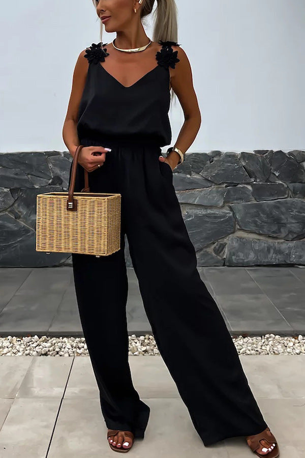 HIND | Dames Jumpsuit met Bloemdetail – Mouwloos & Wijde Pijpen
