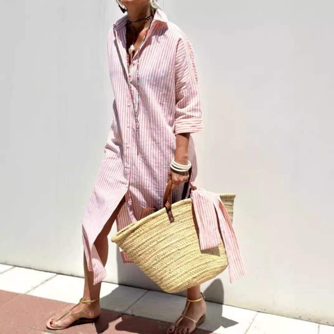 LINNE | Gestreepte Oversized Shirtjurk – Zomerse Damesjurk met Knoopsluiting en Split
