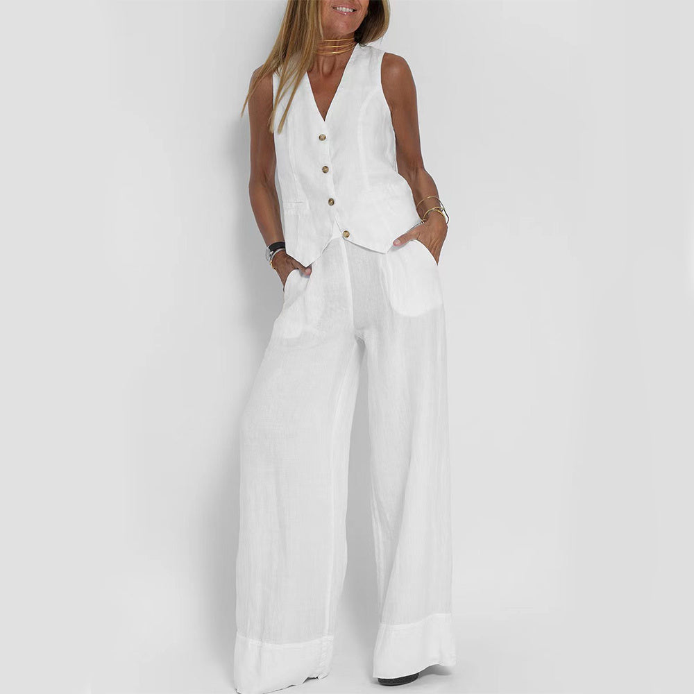 BENTHE | Twee-Delige Linnen Look Set – Gilet met Wijde Broek voor Dames