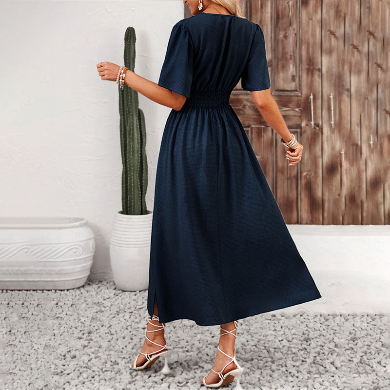 EMMIE | Elegante Zwarte Maxi Jurk met V-Hals en Korte Mouwen – Perfect voor Zomer & Strand