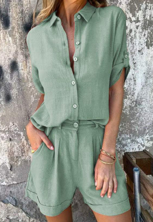 PLEUN | Linnenlook Co-ord Set – Zomerse Dames Blouse met Short in Meerdere Kleuren