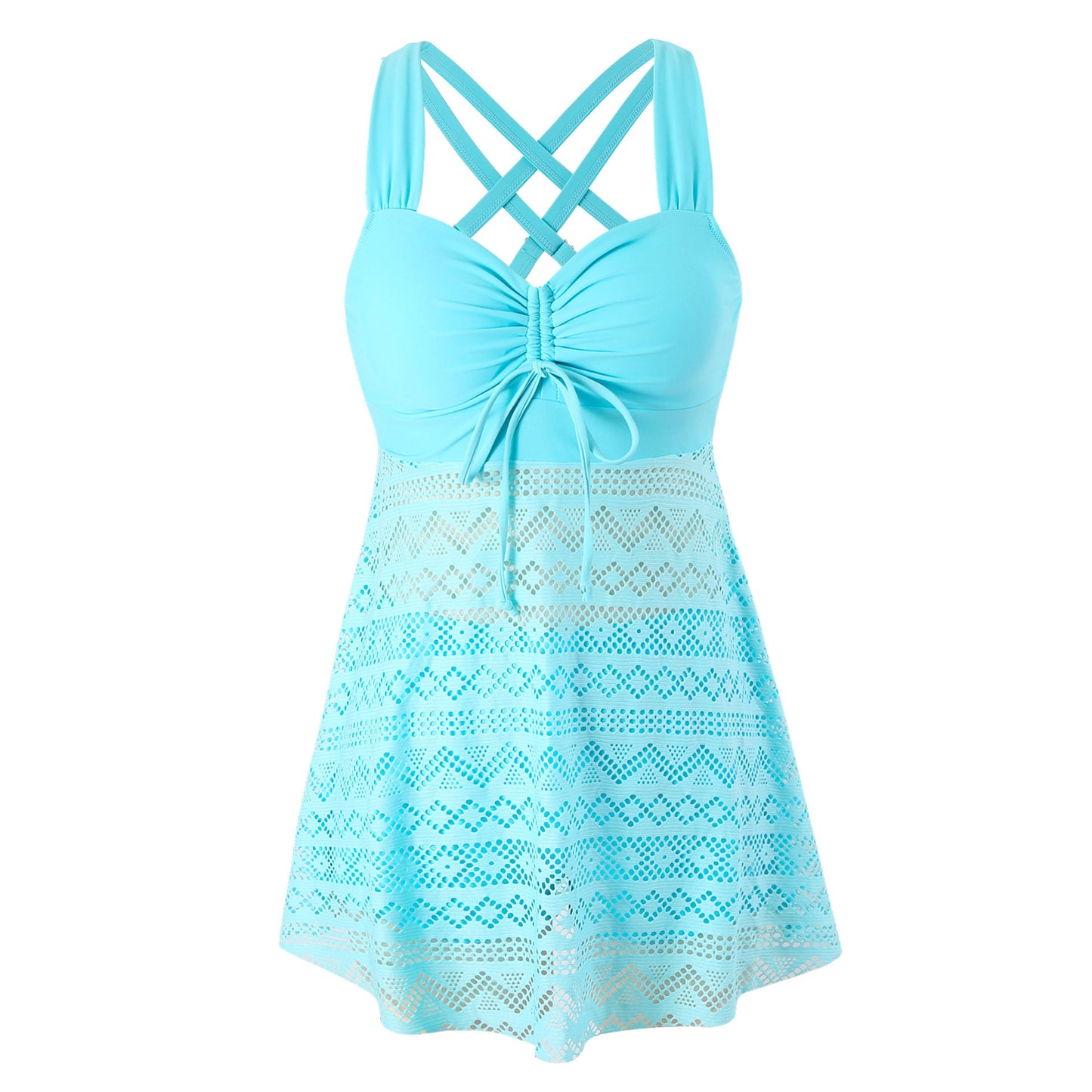 EVA | Elegante Tankini Jurk met Kant – Flatterend Badpak met Rokje en Gekruiste Rugbandjes
