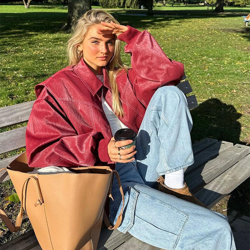 VIVIEN | Wijnrode Oversized leren Jas Dames – Trendy Streetstyle met Vintage Look