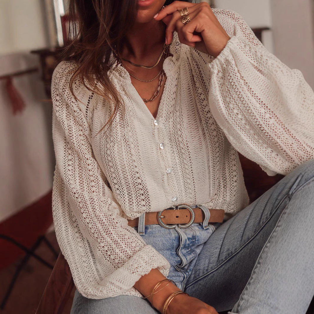 PARIS | Witte Gehaakte Blouse met Knoopsluiting – Boho Chic Stijl voor Elke Gelegenheid
