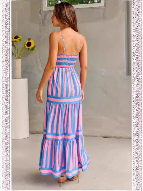 JO | Zomer Maxi Jurk met Stijlvolle Strepen – Spaghetti Straps