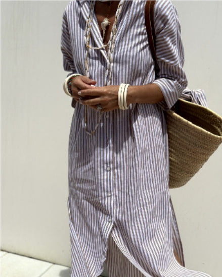 LINNE | Gestreepte Oversized Shirtjurk – Zomerse Damesjurk met Knoopsluiting en Split