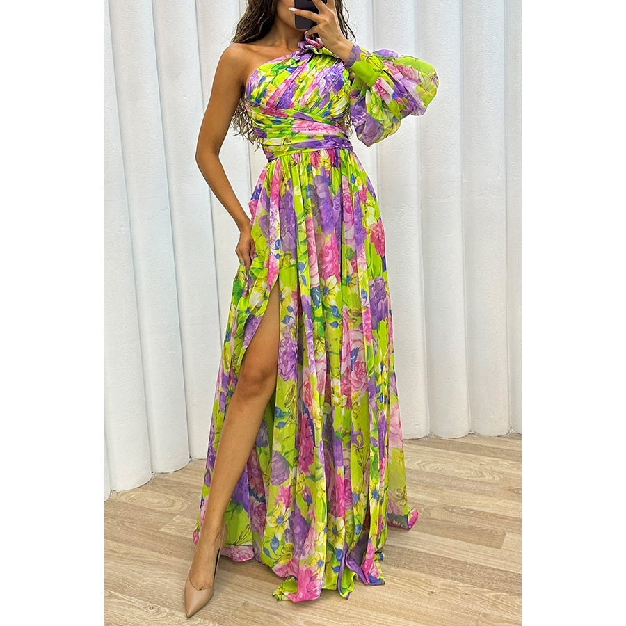 SABINE | One Shoulder Maxi Jurk – Elegante Bloemenjurk met Hoge Split