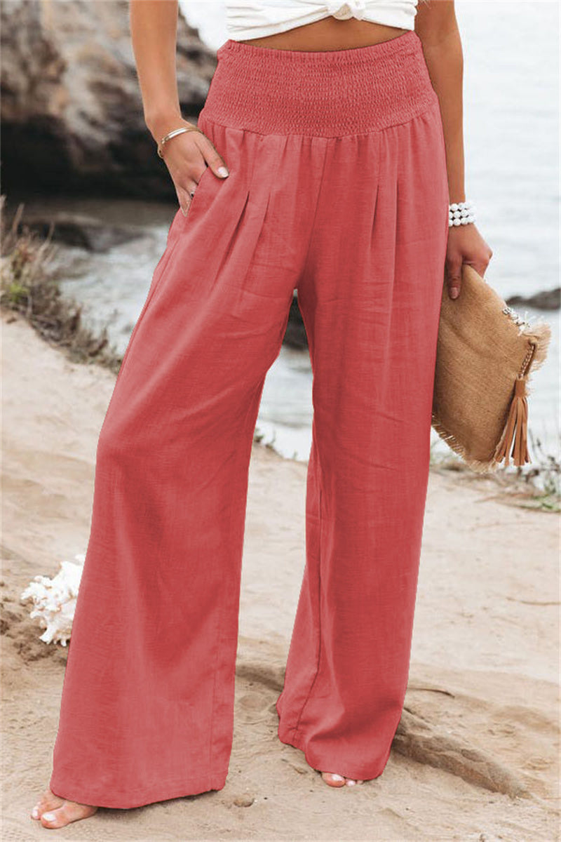 LEONORE | Linnen Look Wide Leg Broek Dames – Hoge Taille Zomerbroek met Elastische Band