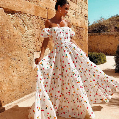 DOUHA | Off-Shoulder Maxi Jurk – Romantische print