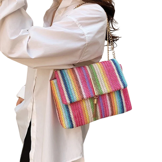 EMMA Rainbow Straw Clutch – Vrolijke Gevlochten Handtas met Schouderketting