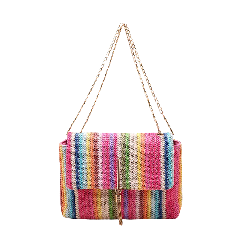EMMA Rainbow Straw Clutch – Vrolijke Gevlochten Handtas met Schouderketting