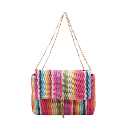 EMMA Rainbow Straw Clutch – Vrolijke Gevlochten Handtas met Schouderketting