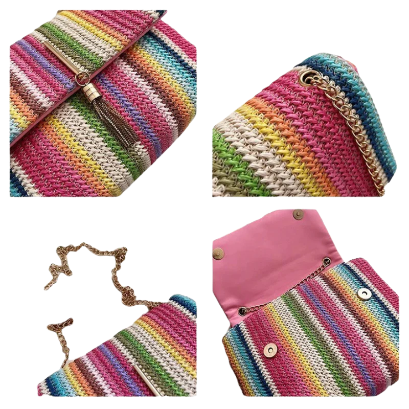 EMMA Rainbow Straw Clutch – Vrolijke Gevlochten Handtas met Schouderketting