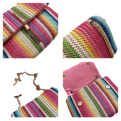 EMMA Rainbow Straw Clutch – Vrolijke Gevlochten Handtas met Schouderketting