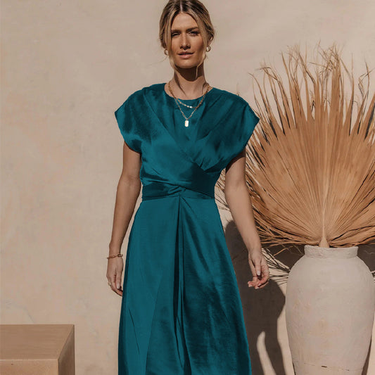 ZITA | Satijnen Midi Jurk – Elegante Jurk met V-Hals en Taille Detail