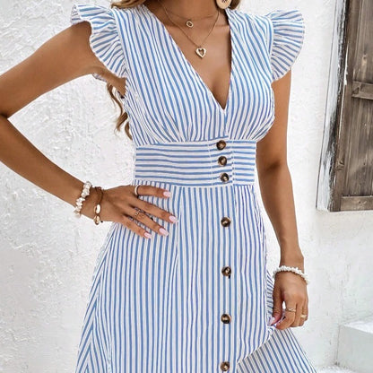 DOUTZEN | Zomerjurk met Streepprint & Knoopsluiting – Blauwwit, V-hals, Mouwloos & Elegante Pasvorm