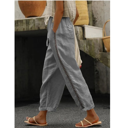 PAULINE | Linnen Broek Dames met Gehaakt Detail – Bohemian Zomerbroek met Kant