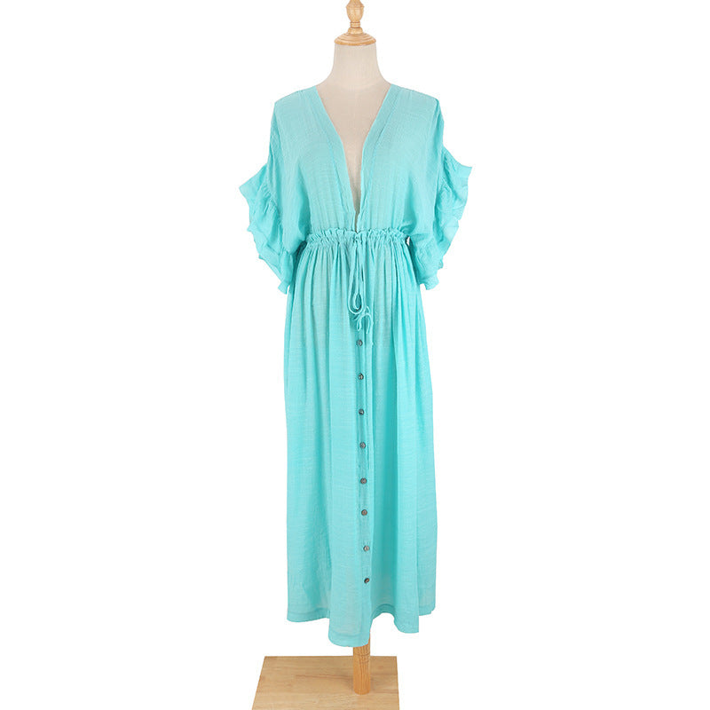 DANIELLE | Boho Maxi Jurk met Knoopsluiting – Roesjes & V-Hals