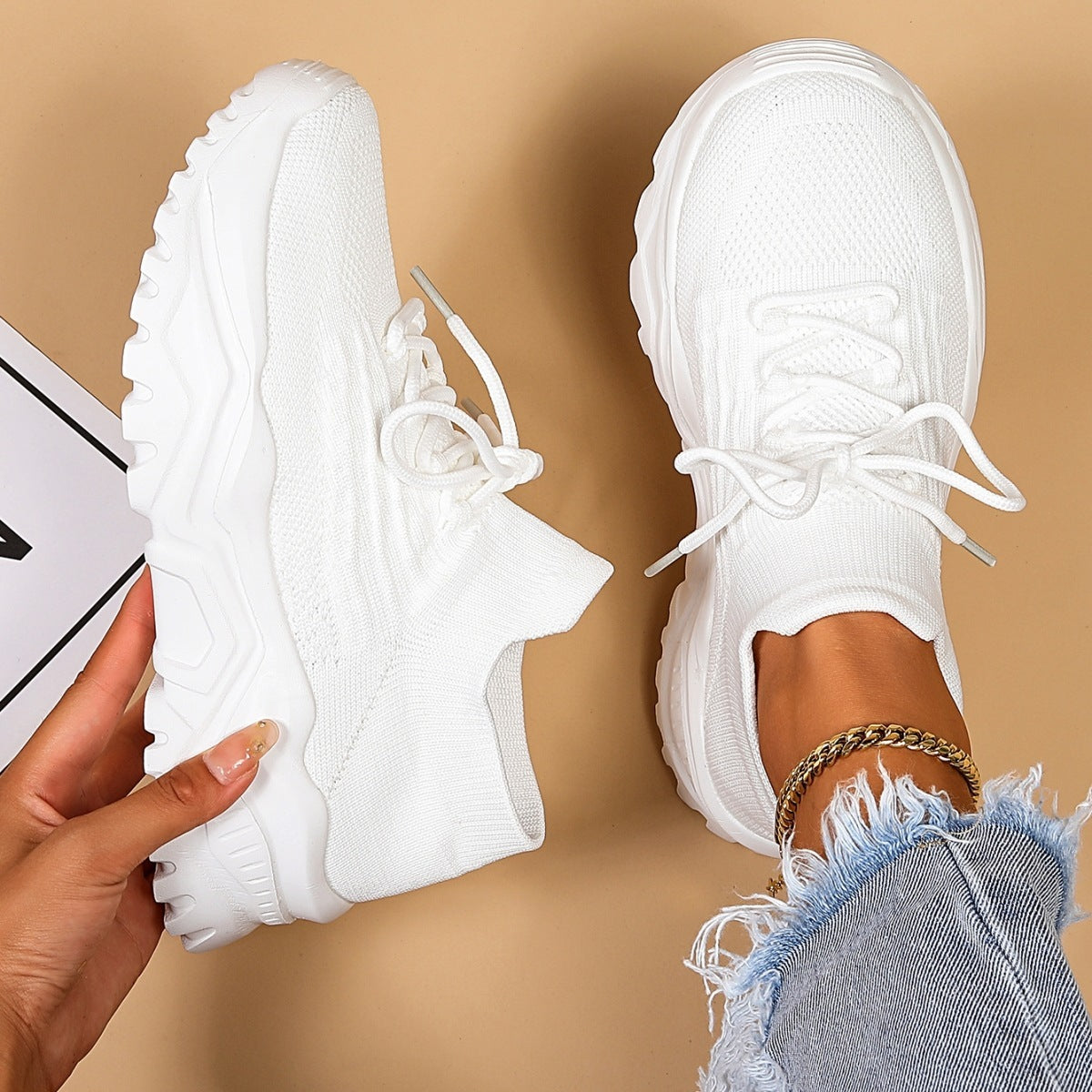 CLAUDINE | Chunky Sneakers Dames met Knit Detail – Comfortabele Urban Schoenen