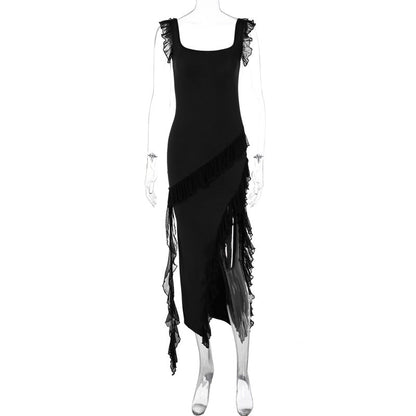 KATY | Ruffle Split Maxi Jurk – Speelse Elegantie met Ruches