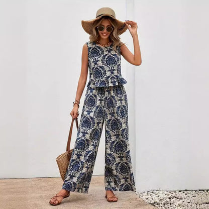 MAREN | Boho Co-Ord Set Dames – Luchtige Tweedelige Outfit met Blauw Witte Print