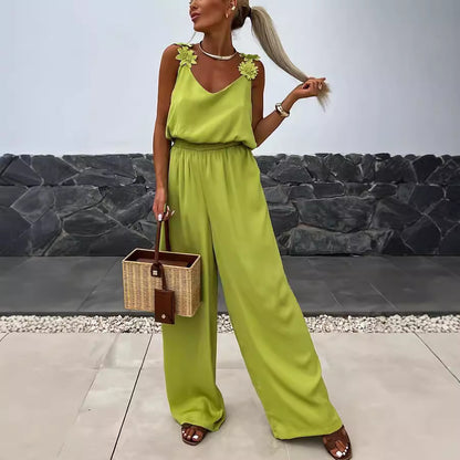 HIND | Dames Jumpsuit met Bloemdetail – Mouwloos & Wijde Pijpen