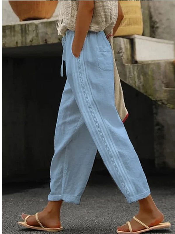 ÉLODIE | Linnen Broek Dames met Blauw Bloemenborduursel – Boho Witte Zomerbroek