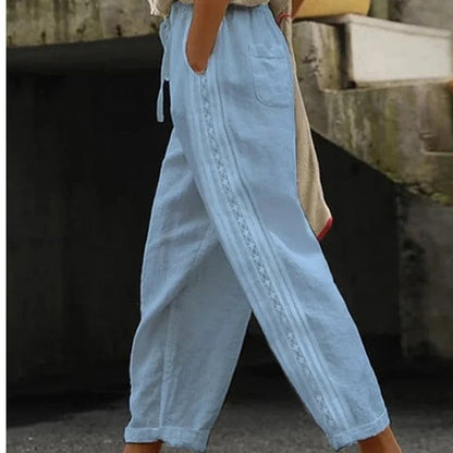 ÉLODIE | Linnen Broek Dames met Blauw Bloemenborduursel – Boho Witte Zomerbroek