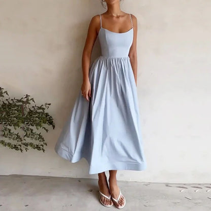 ALISON | Zomerse Midi Jurk Dames – Spaghettibandjes en Wijd Uitlopende Rok